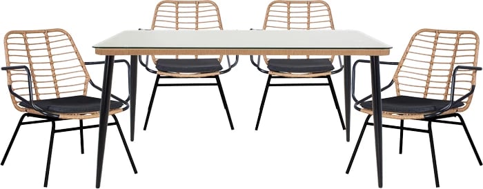 Tavolinë me karrige Naoki A set prej 5 copash ratan natyral-metal i zi-xham 160x90x78cm