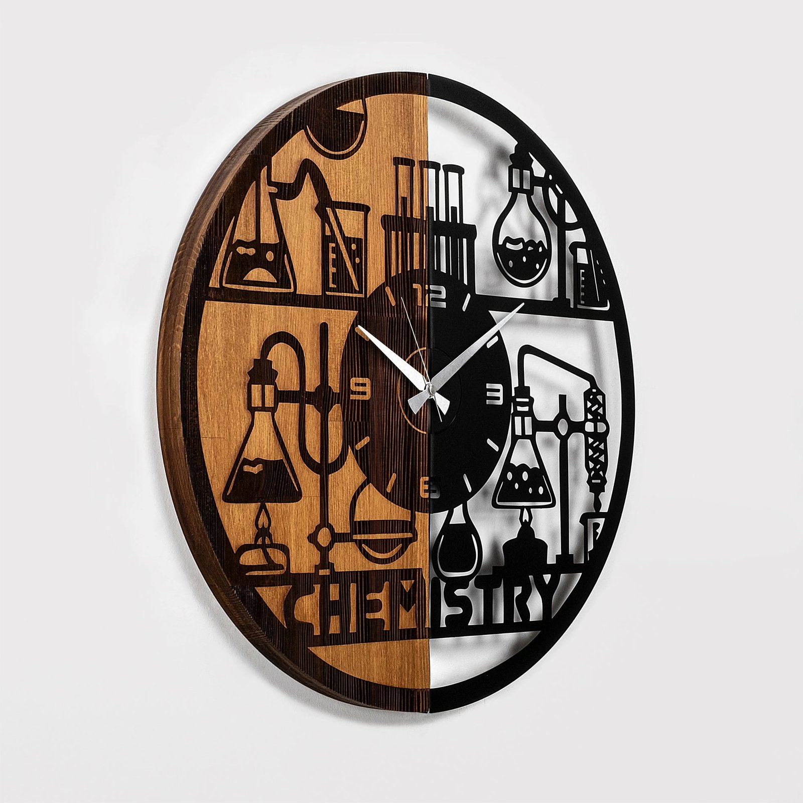 Orë muri dekorative prej druri, dizajn kimie, ngjyrë arre dhe e zezë, 56cm