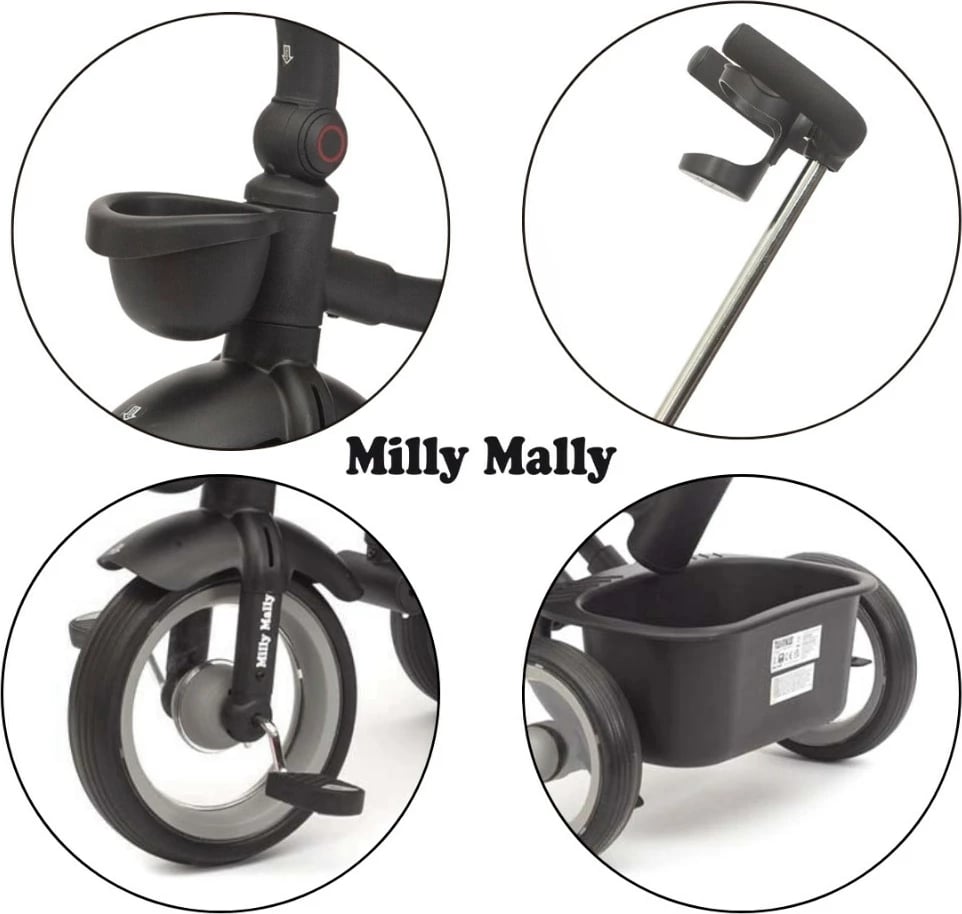 tricikletë për fëmijë, Milly Mally Twinkle, sedilje rrotulluese 180°, timon prindëror i rregullueshëm, dritë LED, kornizë çeliku, gri