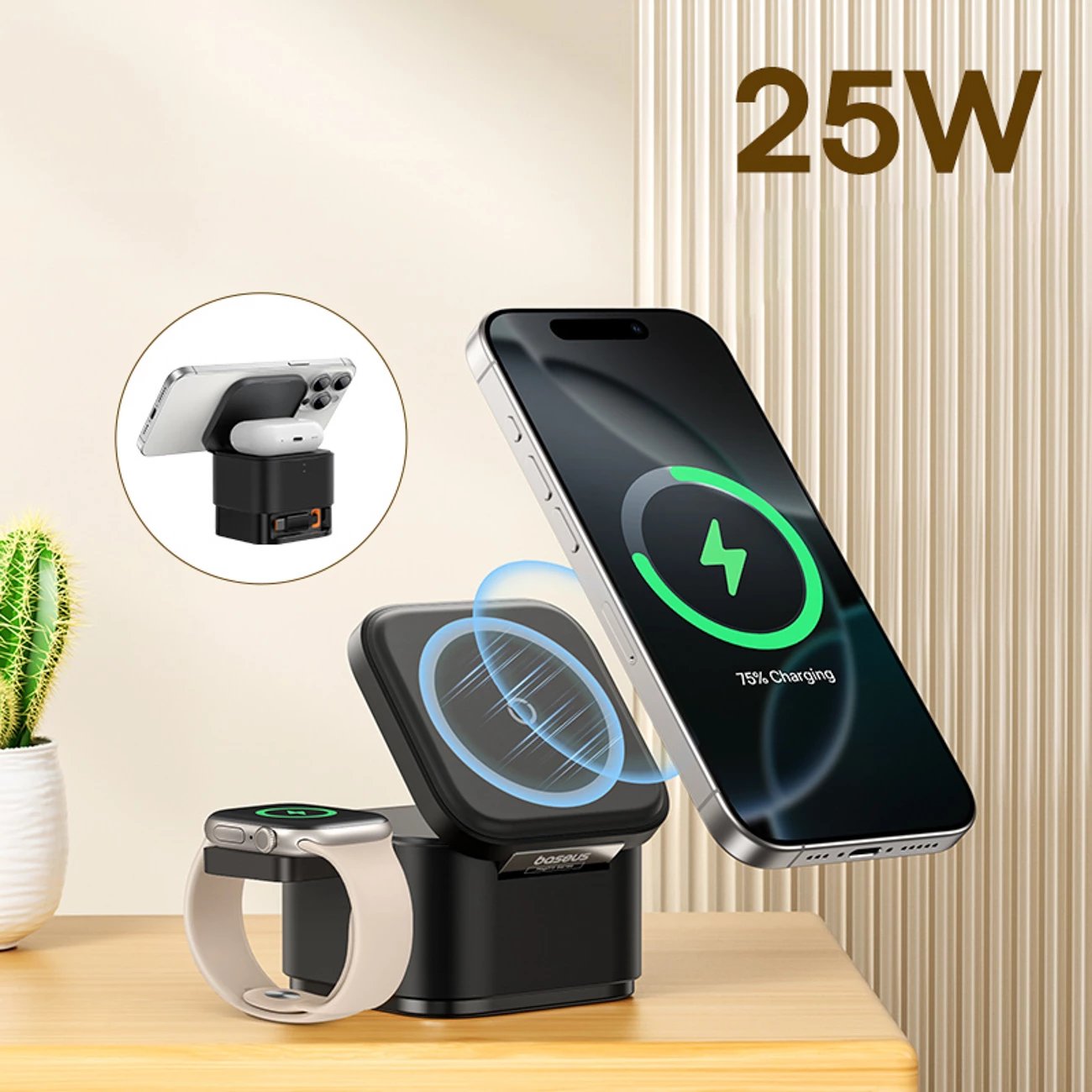 Karikues wireless 3-në-1 Baseus MagPro, 25W, MagSafe, për telefon, kufje e smartwatch, i zi