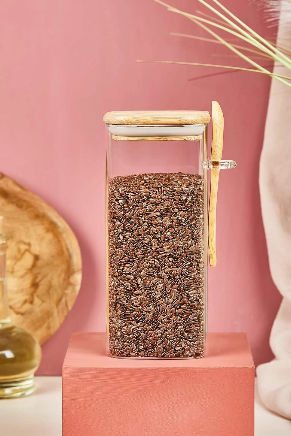 Set kavanozash prej qelqi, 3 copë, kapak bambuje, Hermia, 18cm