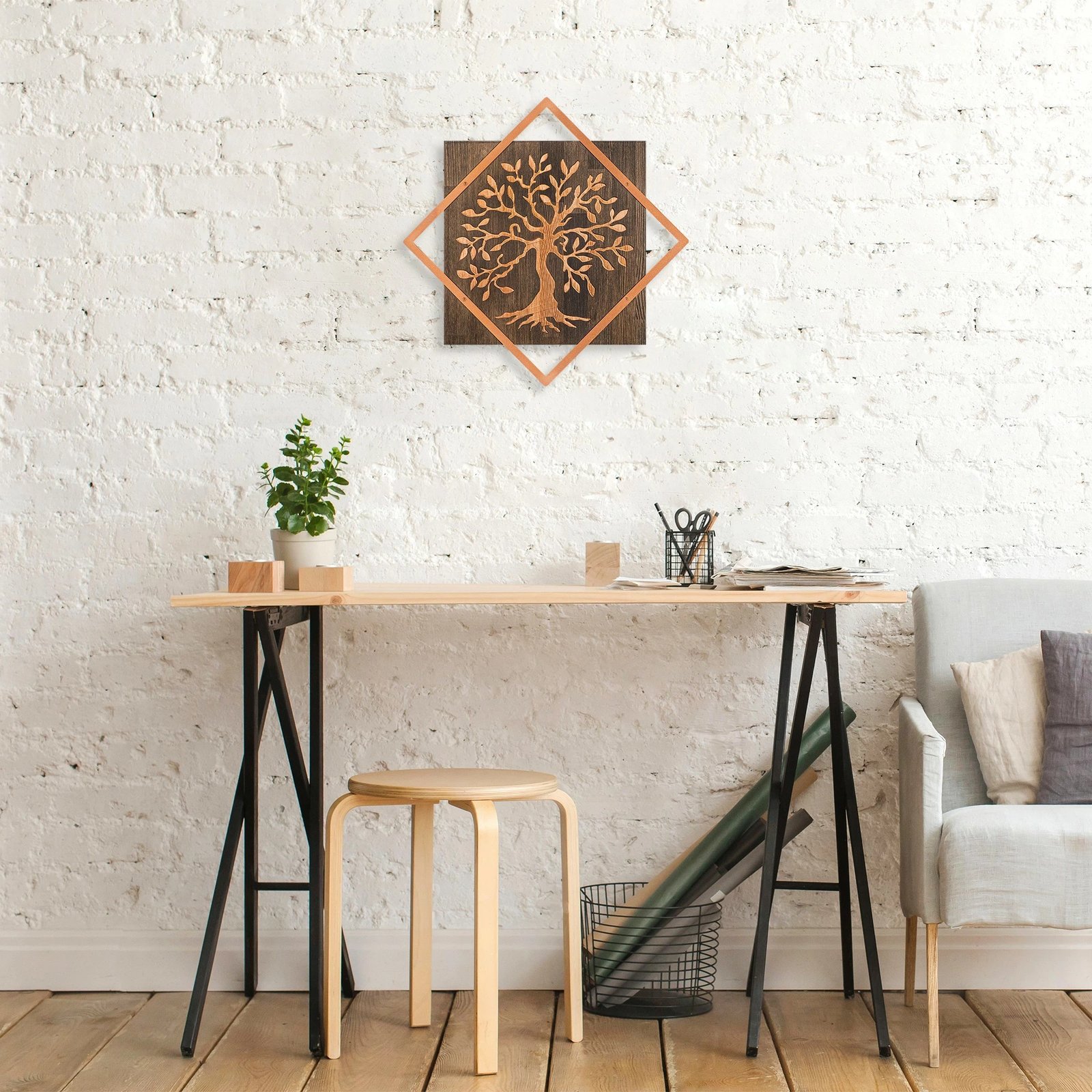 Aksesor dekorativ për mur, dru dhe bakër, Wallity, pemë v2, ngjyrë arre-bakër