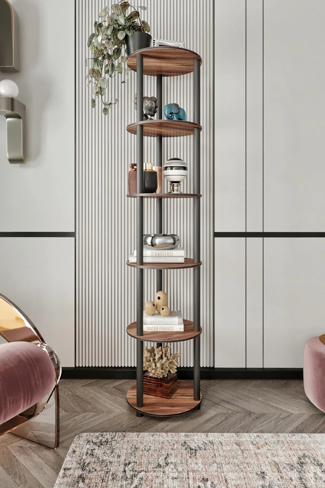 Raft librash, 6 kate, i rrumbullakët, ngjyrë arre, Skye Decor