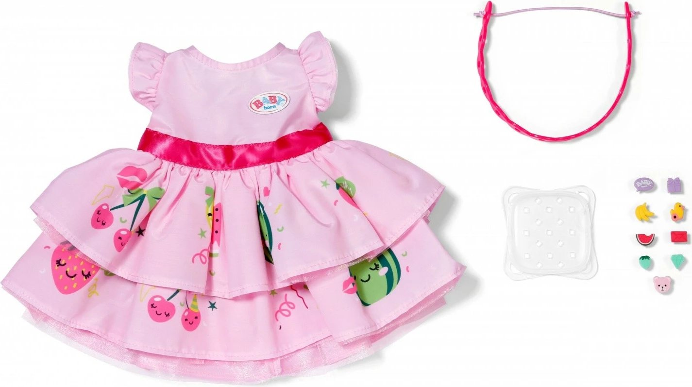 Fustan kukulle, Baby Born, Pin-Play Dress 43 cm, rozë, set me shirit koke dhe pins