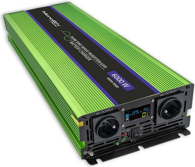 Konvertues voltazhi Qoltec Monolith 51945, 12V në 230V, 3000W/6000W, valë e pastër, LCD, Gjelbër