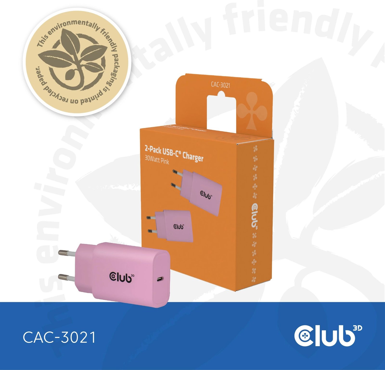 Karikues USB-C Club3D CAC-3021, 30W, 2 copë, rozë