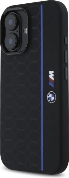Mbështjellës BMW Silicone Hexagon Blue Line MagSafe për iPhone 16, Zi