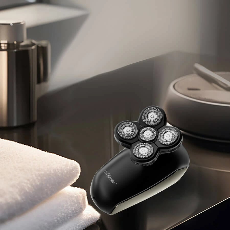 Makinë rroje elektrike për kokë, Feel-Maestro MR-677, bateri 800 mAh, 5 koka prerëse, IPX7, USB-C, e zezë/ari