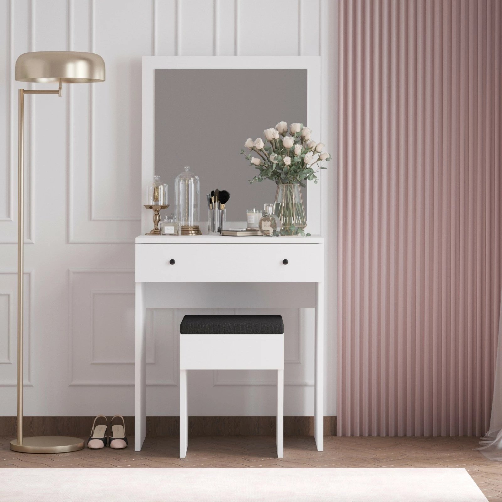 Tavolinë grimimi Hanah Home, Felix, e bardhë, me pasqyrë dhe karrige