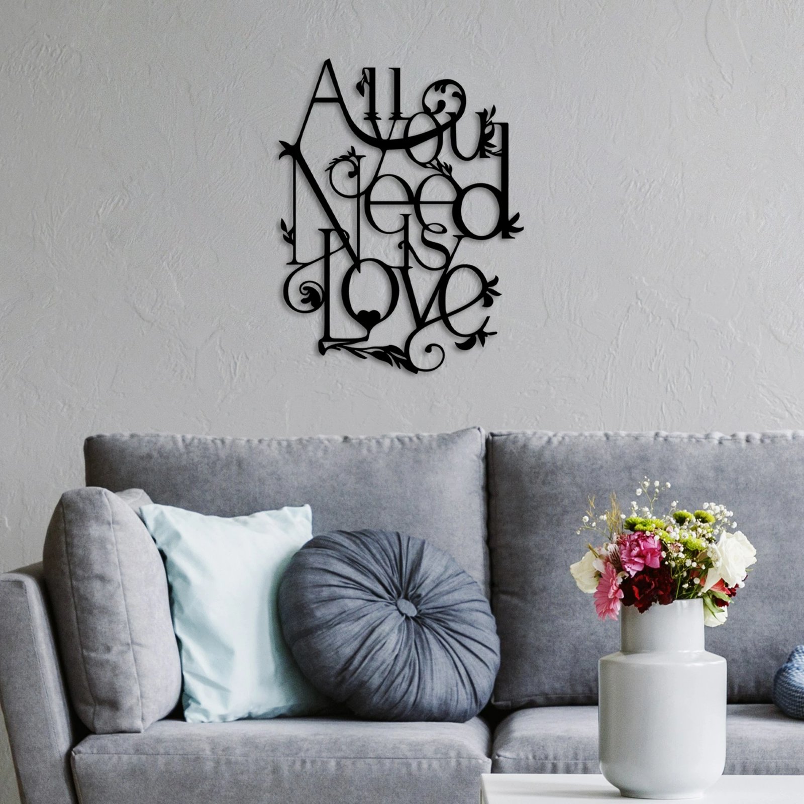 Aksesor dekorativ metalik për mur, All You Need is Love, ngjyrë e zezë, 44x57cm