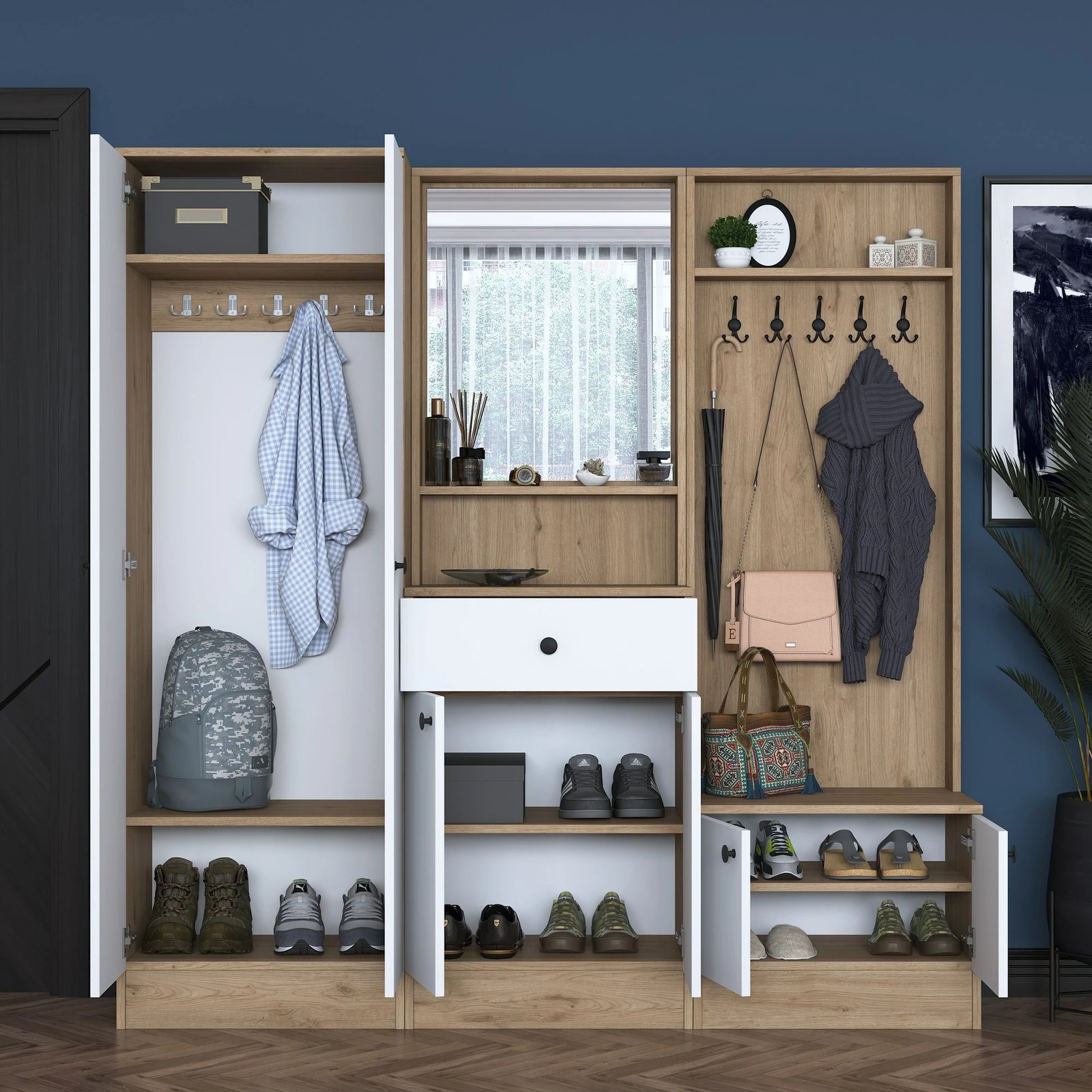 Stendë korridori Hanah Home, P6 - M3 - 2490, ngjyrë e bardhë dhe arre, 179.4x182.8x37.5 cm