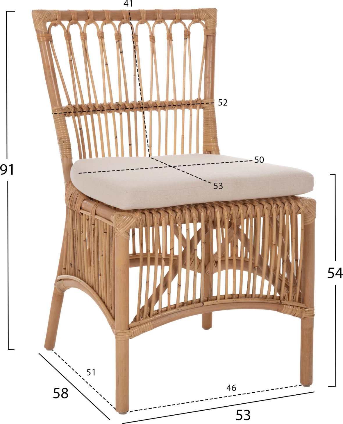 Karrige për ngrënie THALIN FH9834 rattan ngjyrë natyrale-jastëk ngjyrë bardhë 53x58x91Hcm