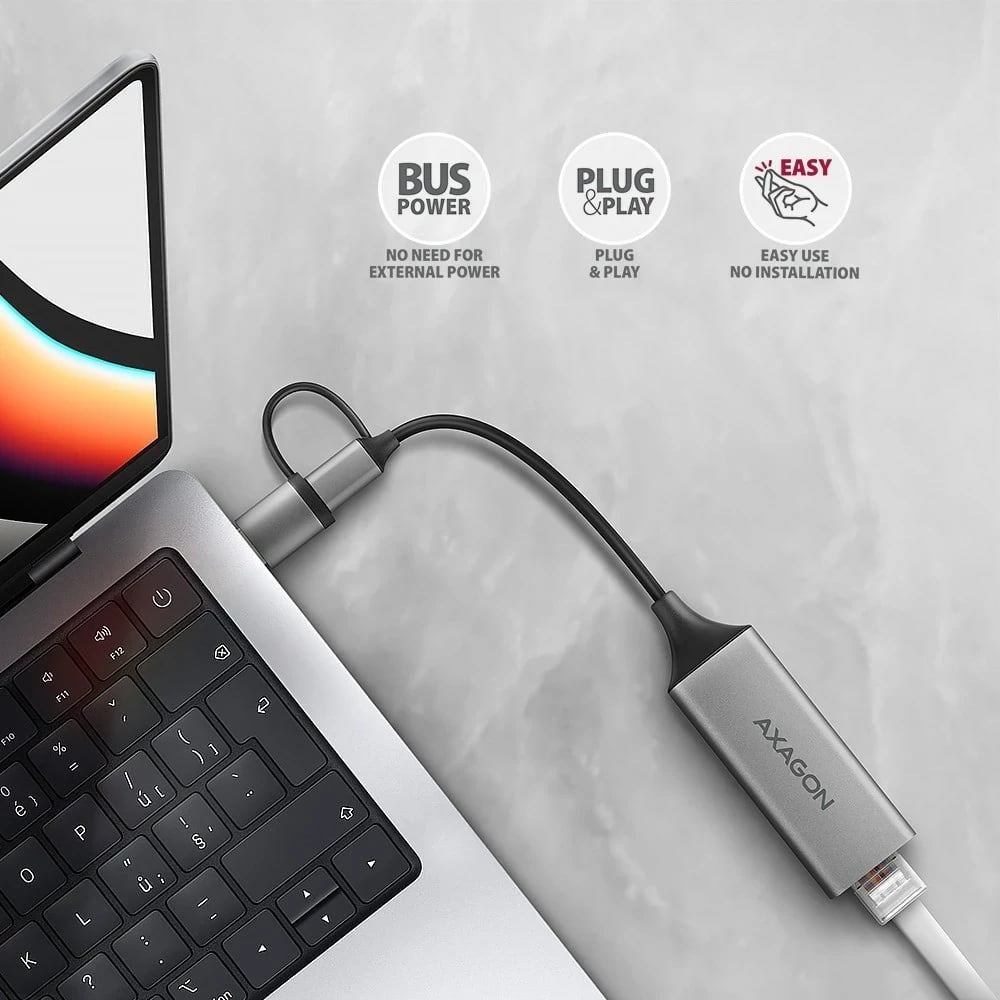 Adapter AXAGON ADE-TXCA Gigabit Ethernet, USB-C + USB-A, Gri
