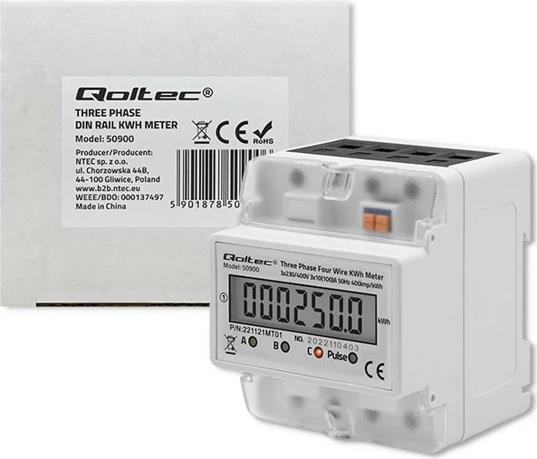 Matës trefazor i energjisë Qoltec 50900, LCD, montim në shinë DIN, Gri