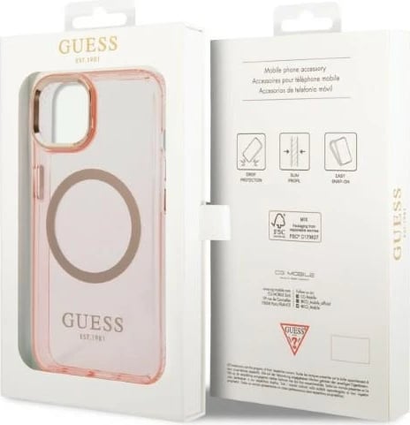 Mbështjellës Guess Gold Outline MagSafe për iPhone 14 Plus 6.7", rozë