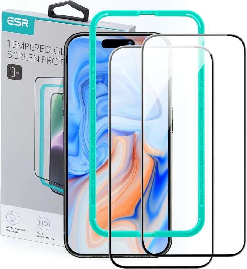 Mbrojtës xhami ESR për iPhone 15, 2 copë, i zi