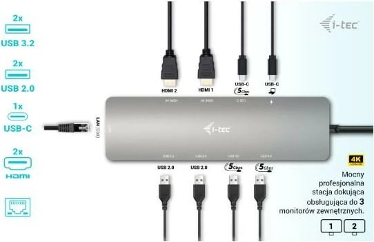 Kasë dokimi i-tec C31NANOHDM2DOCPD, 2x HDMI, USB-C, 100W, Metal, E zezë