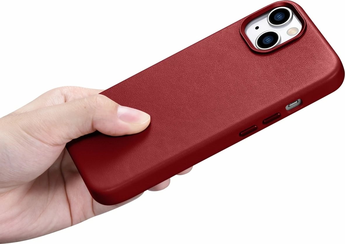 Mbështjellës iCarer për iPhone 14 Plus, lëkurë natyrale, MagSafe, Kuq