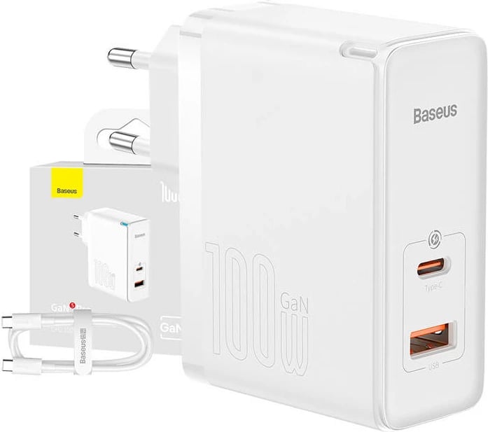 Karikues rrjeti Baseus GaN5 Pro, 100W, 2 porta USB-C + USB-A, me kabllo 1m, Bardhë