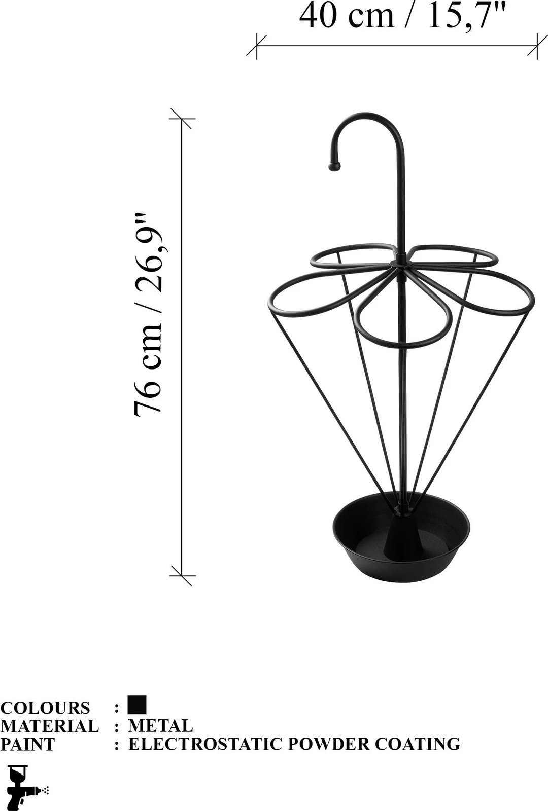 Stendë për ombrella, metal i zi, Evila Originals, 40x40x76cm Stendë për ombrella, metal i zi, Evila Originals, 40x40x76cm