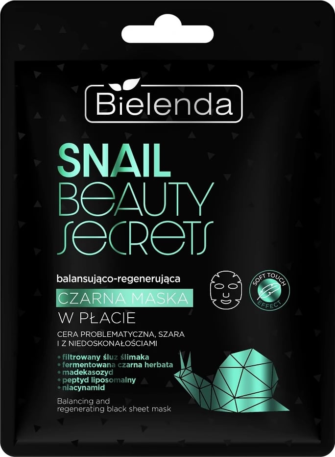 Maskë për fytyrë Bielenda Snail Beauty Secrets Balancing-Regenerating Black Sheet Mask për femra, 1 copë