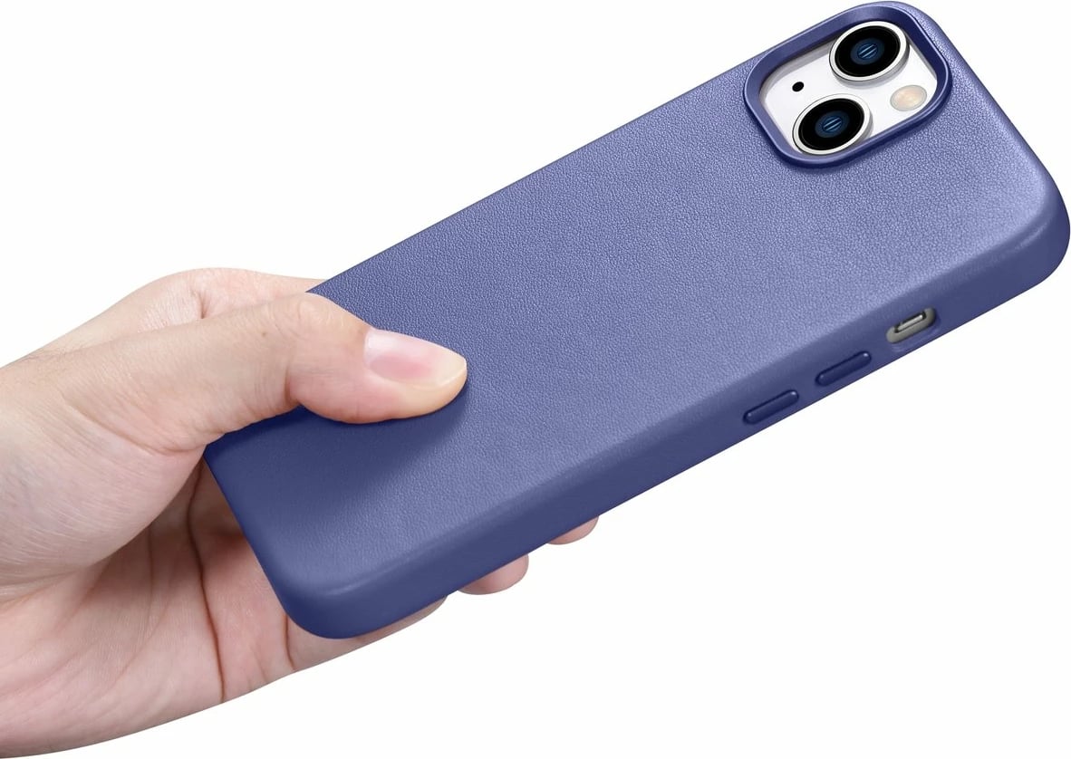 Mbështjellës iCarer për iPhone 14, lëkurë natyrale, MagSafe, vjollcë e çelët