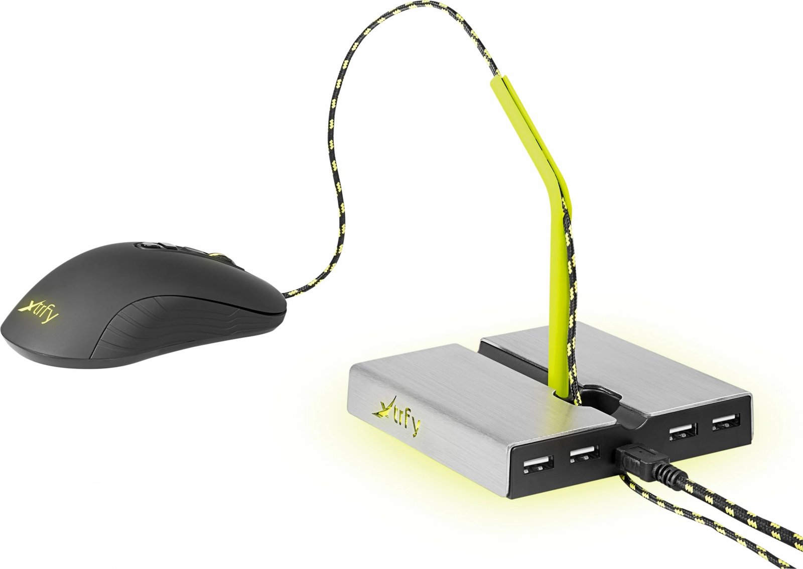 Mouse bungee Cherry Xtrfy B4 me LED, 4 porta USB, argjendtë/verdhe
