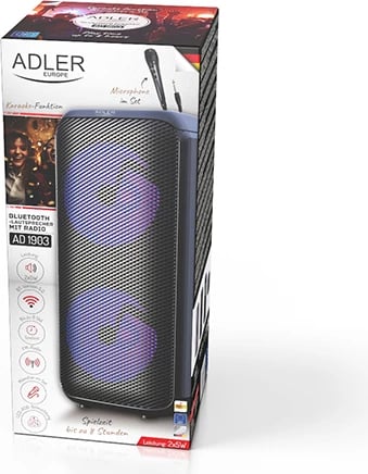 Altoparlant Bluetooth, Adler AD 1903, 10W, bateri 1500 mAh, BT 5.0, radio FM, LED RGB, karaoke, e zezë, me mikrofon