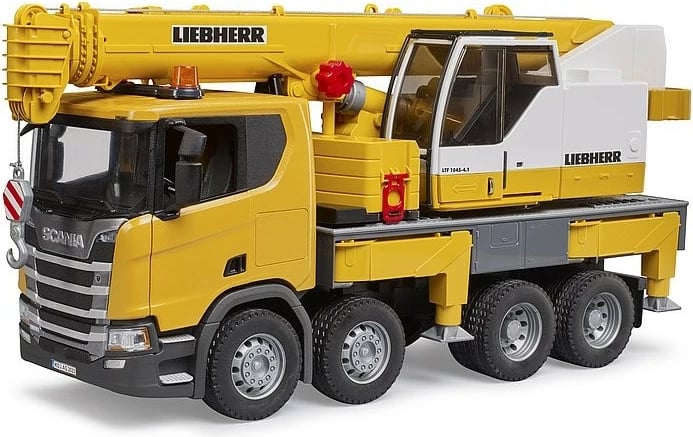 Kamion lodër BRUDER Scania Super 560R me vinç Liebherr, dritë dhe zë, bardhë/verdhe, 1:16