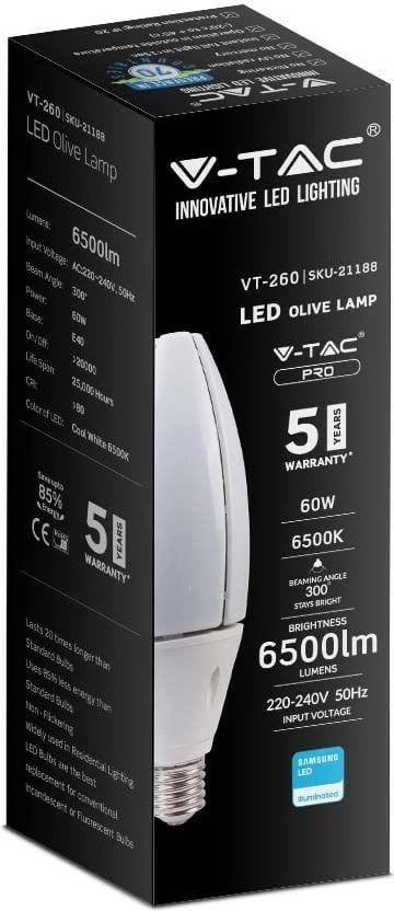 Llambë LED V-TAC VT-260 SAMSUNG CHIP 60W E40 4000K, Bardhë