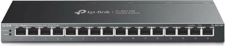 Switch i pamenaxhuar, TP-Link TL-SG116P, 16x Gigabit RJ45 me PoE+, buxhet PoE 120W, metal, desktop/rack