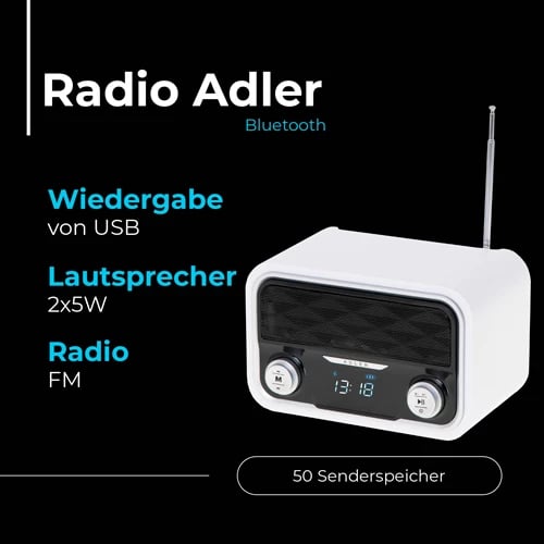 Radio Bluetooth Adler AD 1185, FM, USB/SD/AUX, stereo 2x5W, bateri 1800 mAh, me orë, e bardhë