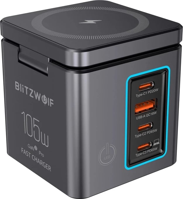Karikues rrjeti GaN BlitzWolf BW-i113 Max, 105W, 3x USB-C + USB-A, karikim wireless 15W/5W
