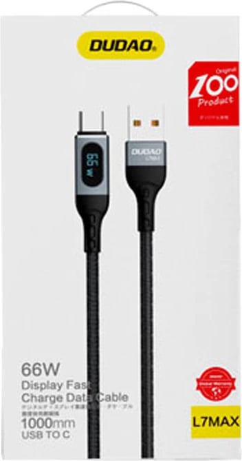 Kabllo USB Dudao L7Max, 1m, Power Delivery 66W, me ekran, e zezë