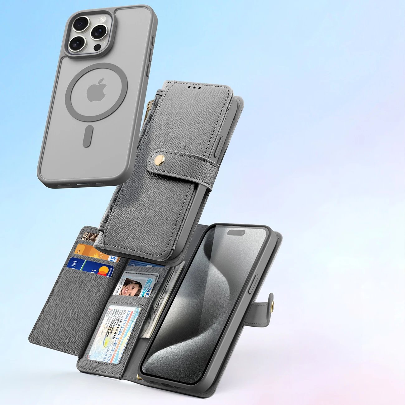 Mbështjellës Dux Ducis Lawa për iPhone 15 Pro, lëkurë, me portofol magnetik, Gri
