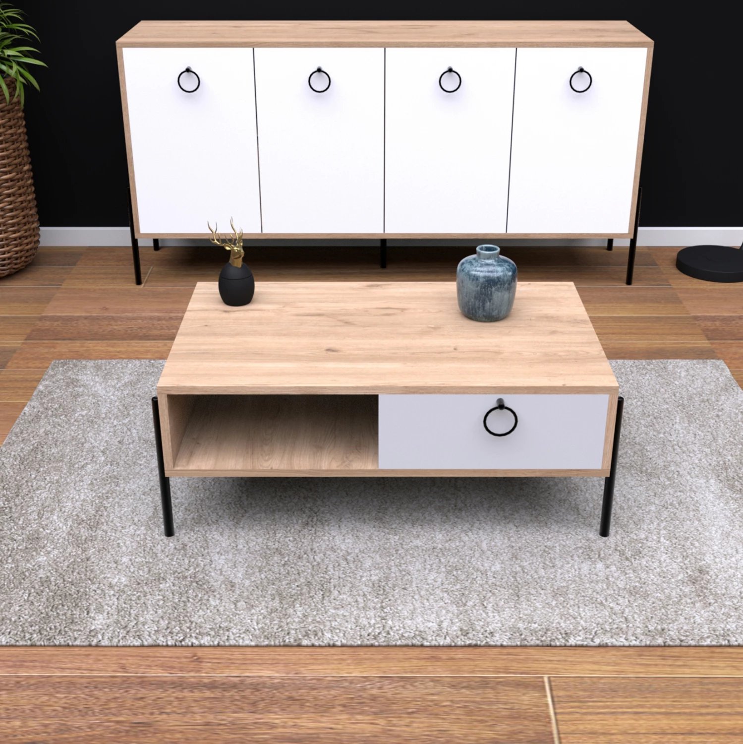 Tavolinë kafeje, ngjyrë sonama dhe e bardhë, FH9247.01, 90x56x37.6 cm