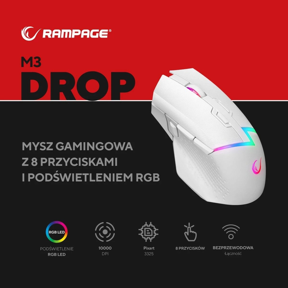 Maus Rampage DROP M3 RGB 1000Hz 10000 DPI i bardhë