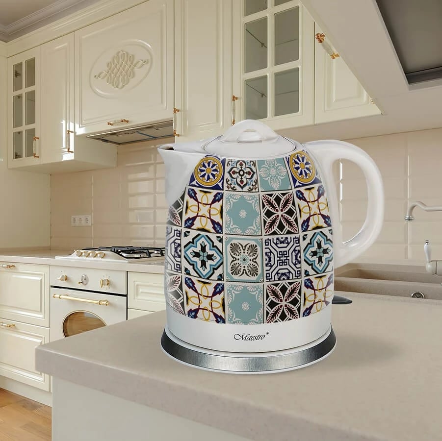 Ibrik elektrik qeramike Maestro MR-066-PORTO, 1.5L, Bardhë me motive mozaiku