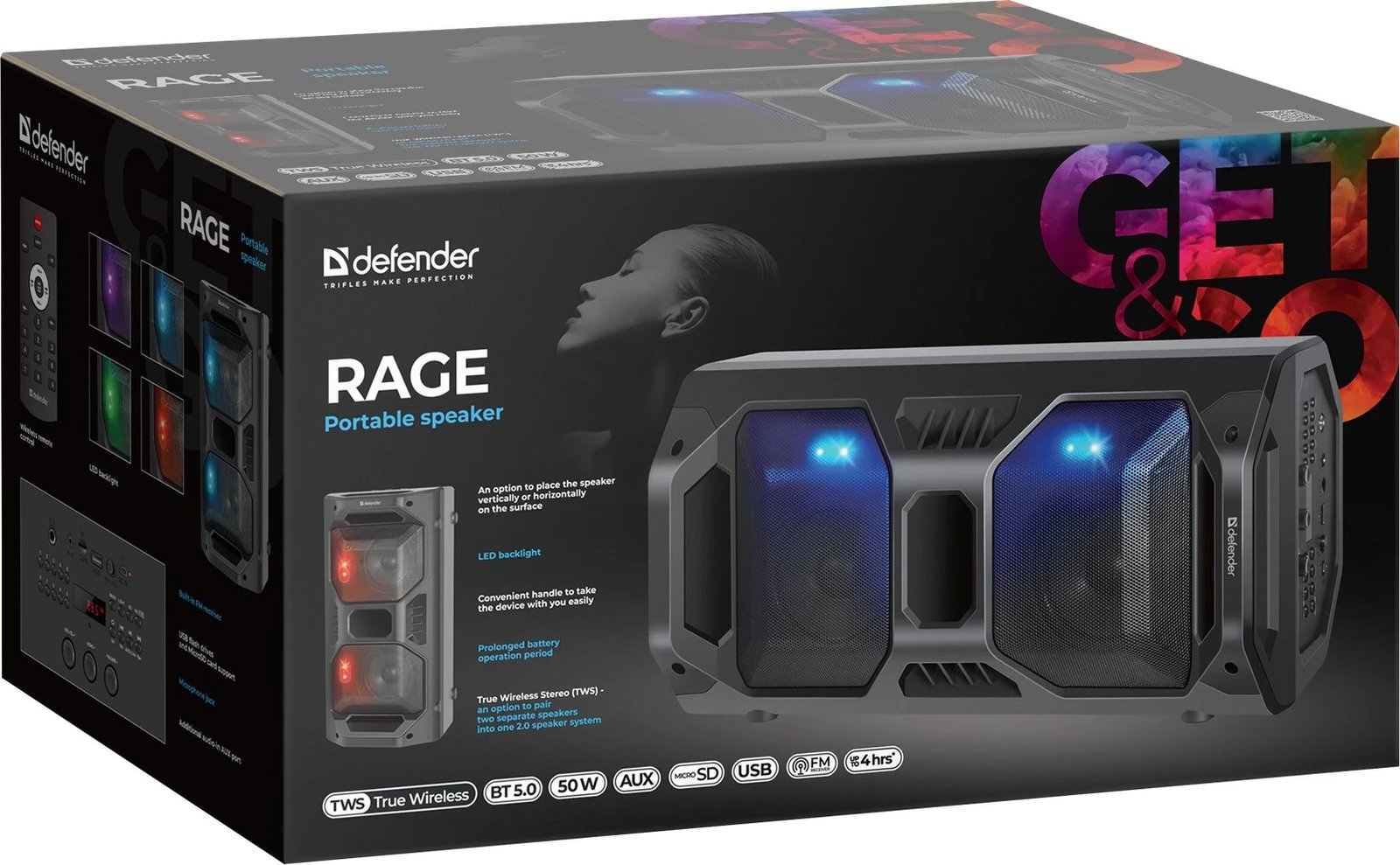 Altoparlant portativ Defender Rage, Stereo, 50 W, i zi