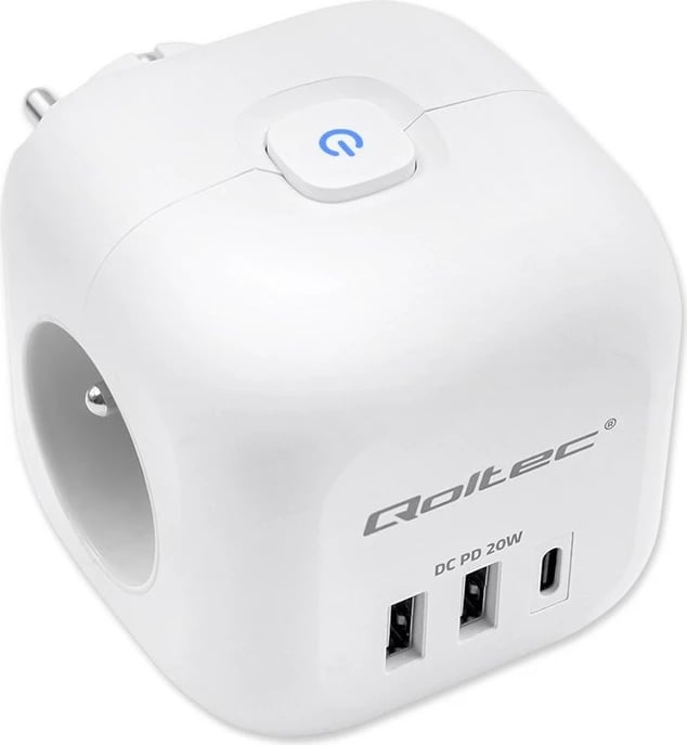 Prizë shumëfunksionale Qoltec 52548, 3x AC, 2x USB, 1x USB-C PD 20W, Bardhë