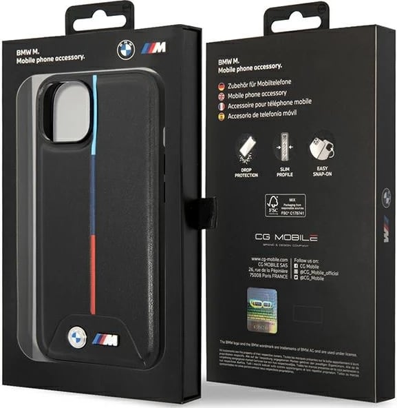 Mbështjellës BMW Quilted Tricolor BMW000811-0 hardcase për iPhone 15/14/13 (6.1 inç), TPU/PC lëkurë eko, i zi