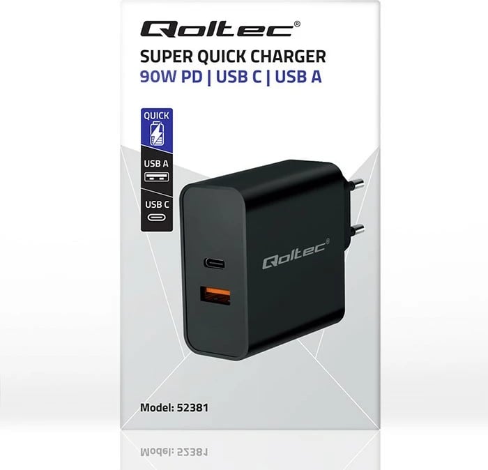 Karikues muri Qoltec 52381, 90W, 1xUSB-C, 1xUSB, i zi