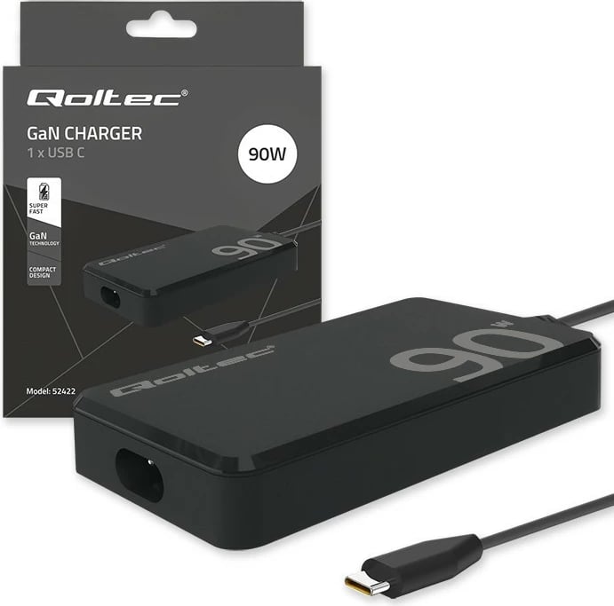 Karikues muri Qoltec 52422, 90W GaN, USB-C 3.1, me kabllo, i zi