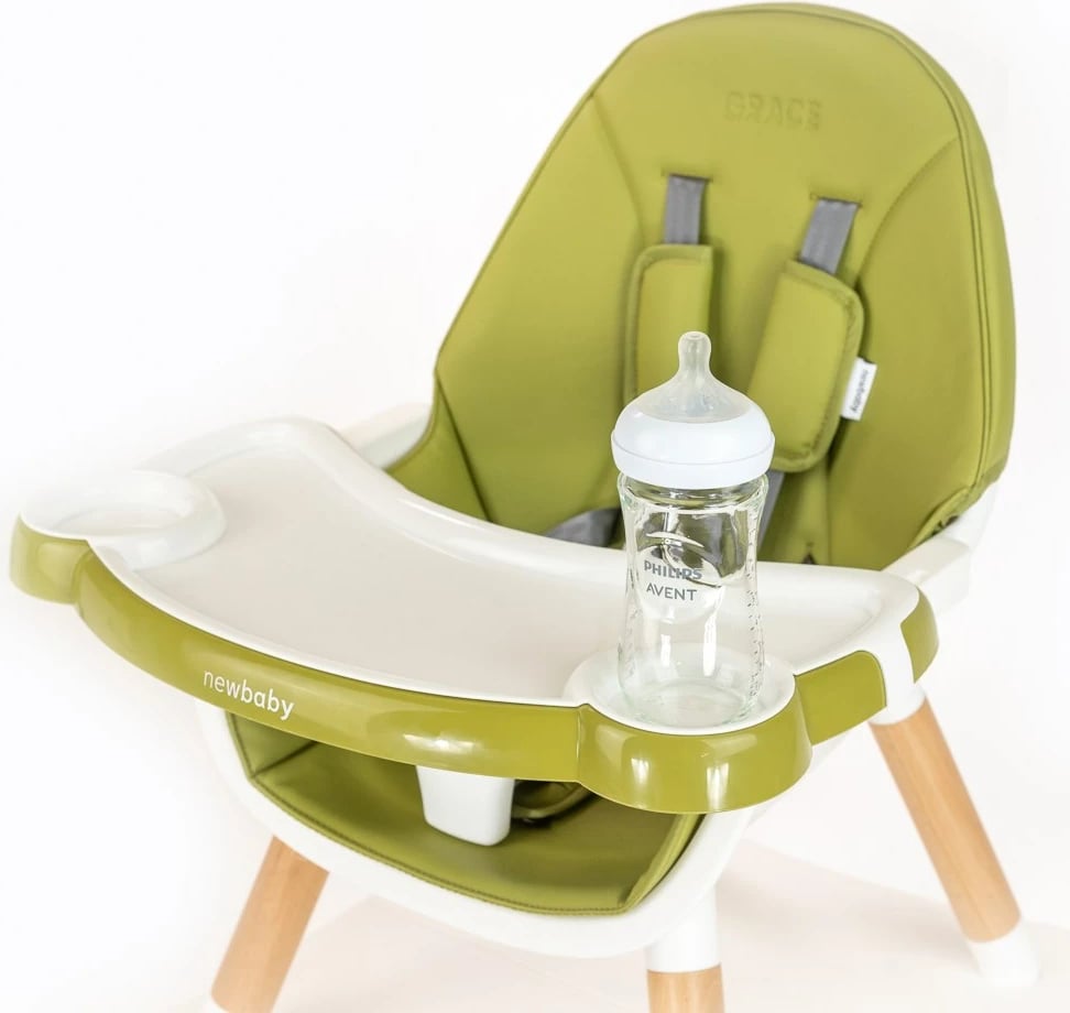 Karrige e lartë 3‑në‑1 për fëmijë, New Baby, Grace, tabaka e heqshme, rripa 5‑pikësh, eko‑lëkurë, këmbë druri, jeshile