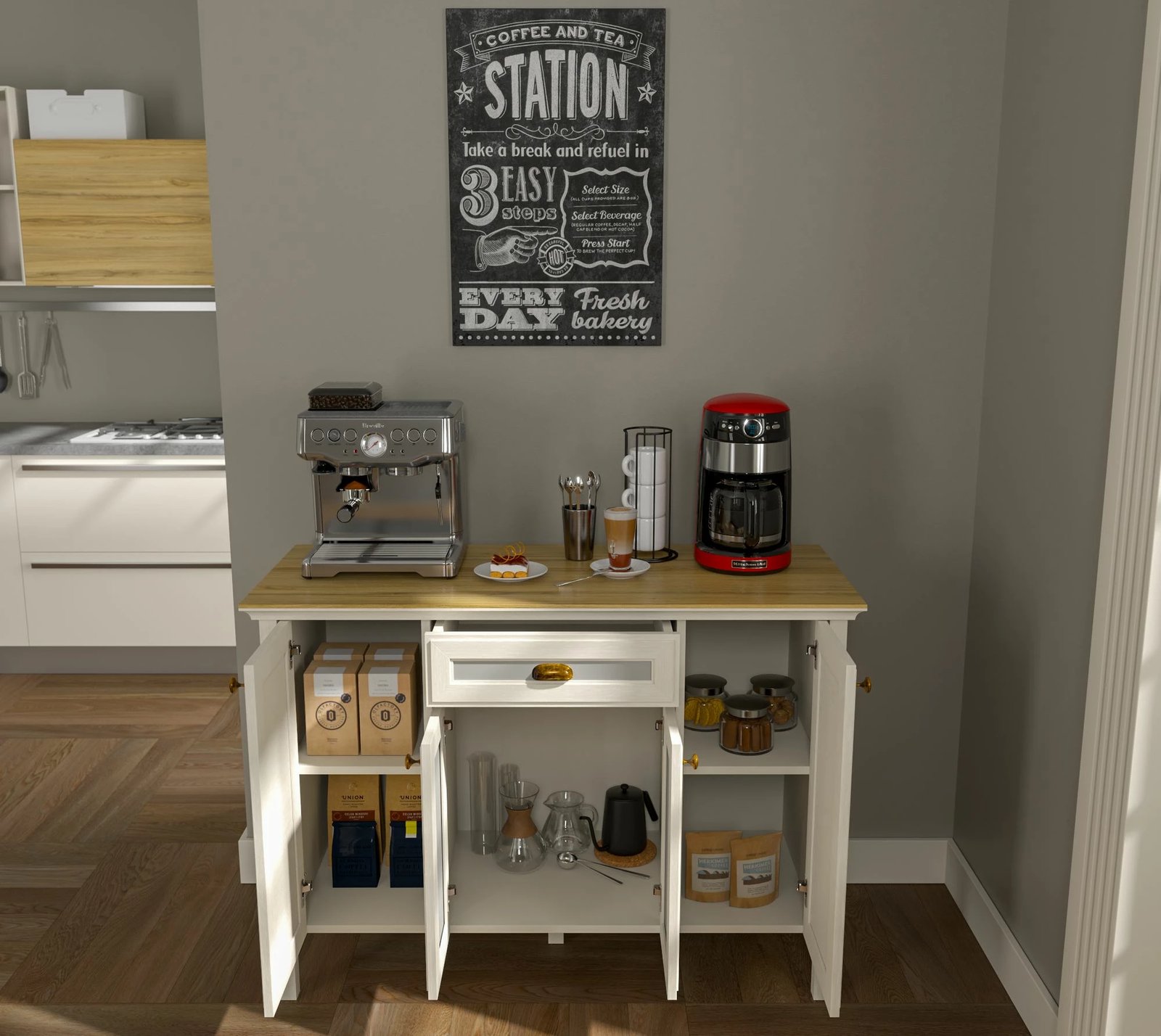Kabinë për kafe, ngjyrë krem, lis, gri, Skye Decor, FRN-21034