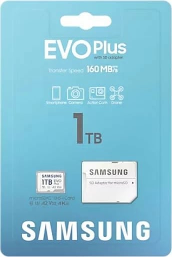 Kartelë memorie microSD Samsung EVO Plus 1TB me adapter SD, Bardhë Kartelë memorie microSD Samsung EVO Plus 1TB me adapter SD, Bardhë