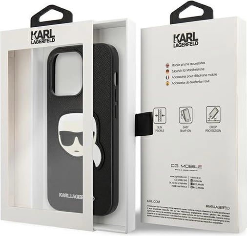 Mbështjellës Karl Lagerfeld KLHCP14LSAPKHK për iPhone 14 Pro 6.1", Saffiano Karl's Head Patch, i zi