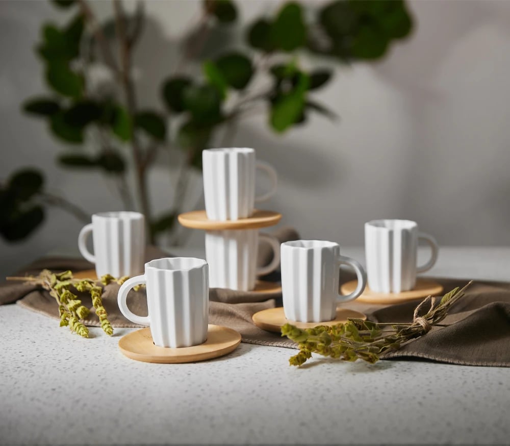 Set filxhanësh espresso Cactus, 6 copë, porcelan i bardhë, bambu natyral, 27x22x6cm Set filxhanësh espresso Cactus, 6 copë, porcelan i bardhë, bambu natyral, 27x22x6cm