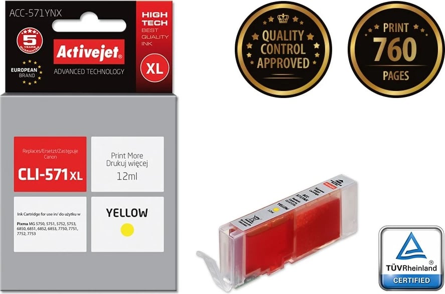 Ngjyrë zëvendësuese Activejet ACC-571YNX për printer Canon, 12ml, e verdhë