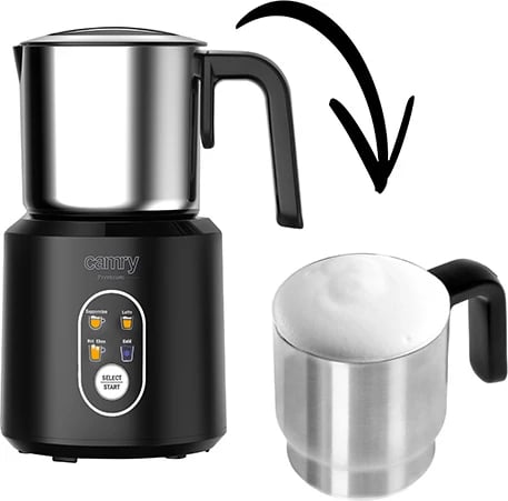 Shkumues qumështi, Camry, CR 4498, 350 ml qumësht i nxehtë / 250 ml shkumë, 500W, kupë inoksi, mbyllje automatike, i zi